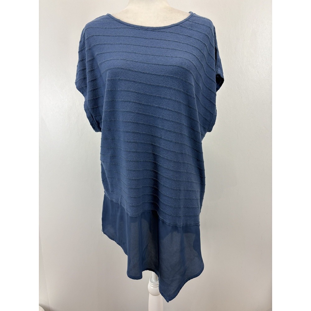 Chicos Textured Tunic Top Shirt 3 US XL Blue Chiffon Trim Asymmetric Hem